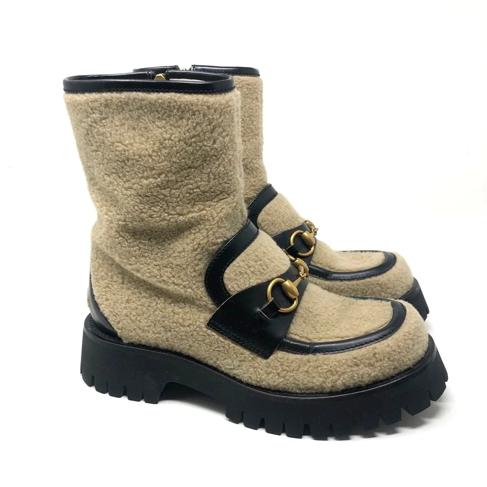 Gucci Ankle Shearling Combat Boot Horsebit Womens 37.5 US 7.5 Beige Designer